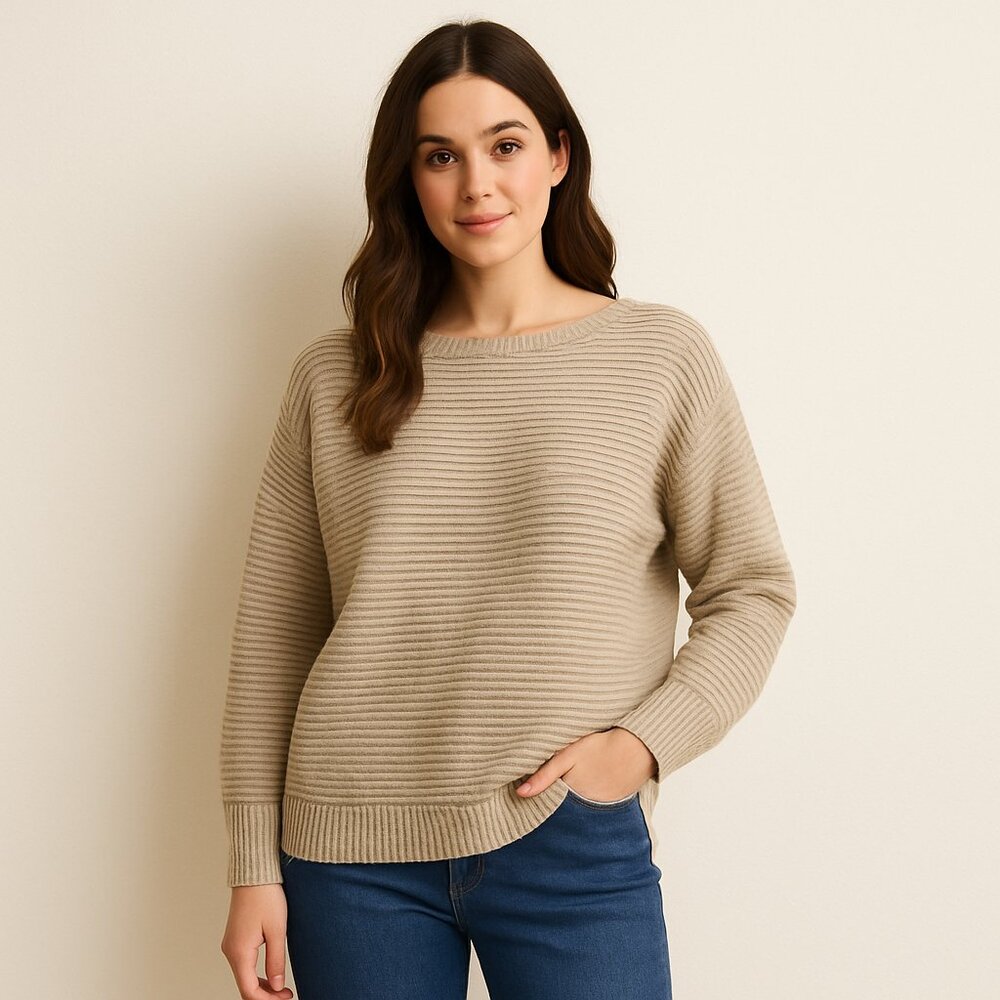 ELIE TAHARI | Tan Ribbed Long Sleeve Crewneck Sweater - Women's Large - Picture 1 of 7